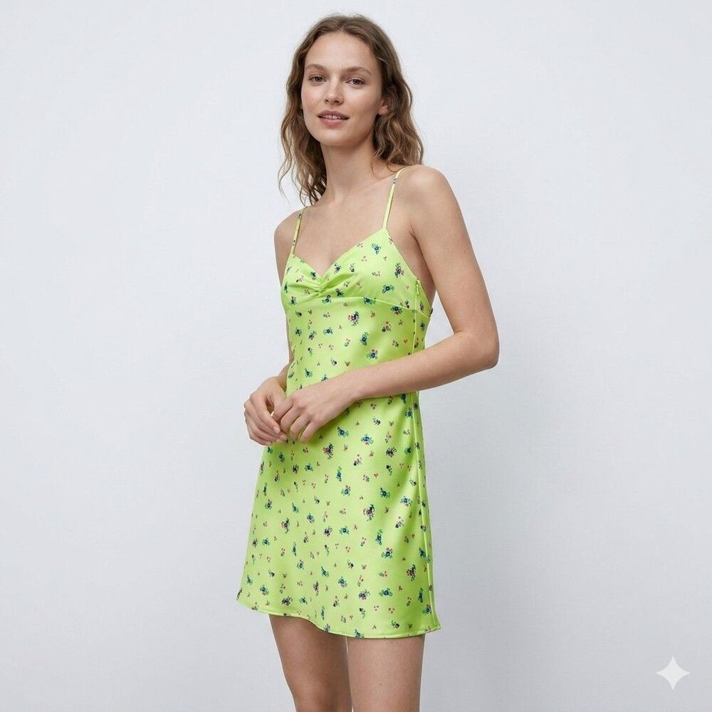 ZARA Women Size XS Lime Green Floral Satin Mini Dress Adjustable Straps